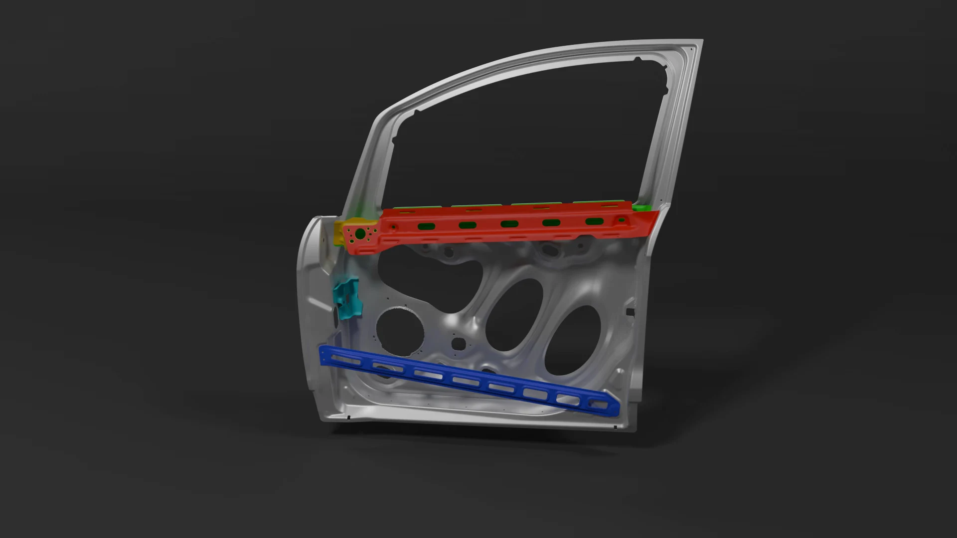 One generated door subassembly: the inner panel with a red upper beam and a single horizontal lower anti-intrusion beam.