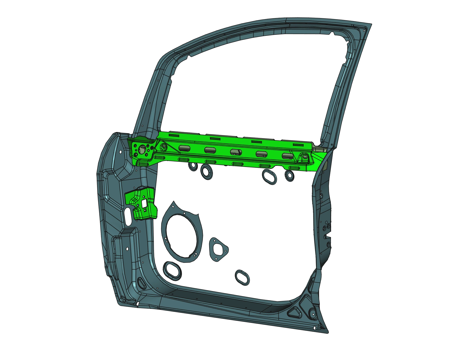 CAD view of the door frame with the fixed regions highlighted in green: a band across the mid-height of the panel and a patch at the hinge.
