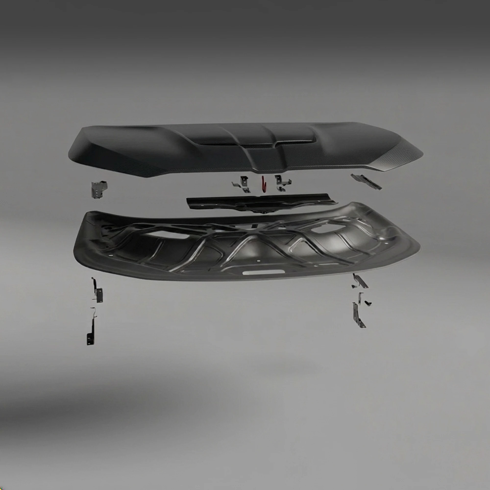 Exploded render of a passenger-car hood: the outer panel above, the inner reinforcement structure below it, and the hinge and latch mountings separated out.