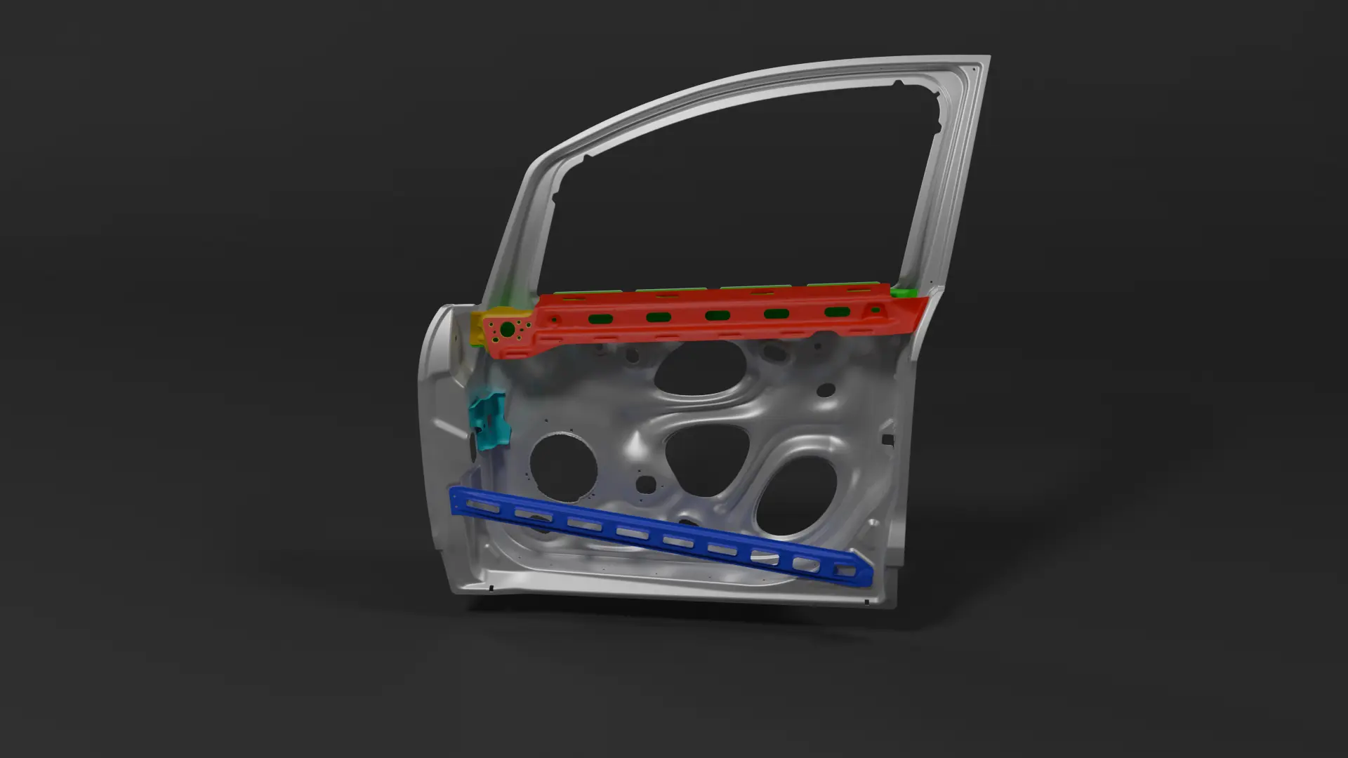 Render of the generated door subassembly: the inner panel in grey with two generated anti-intrusion beams, the upper one in red and the lower one in blue, a green beltline stiffener and a cyan hinge bracket.