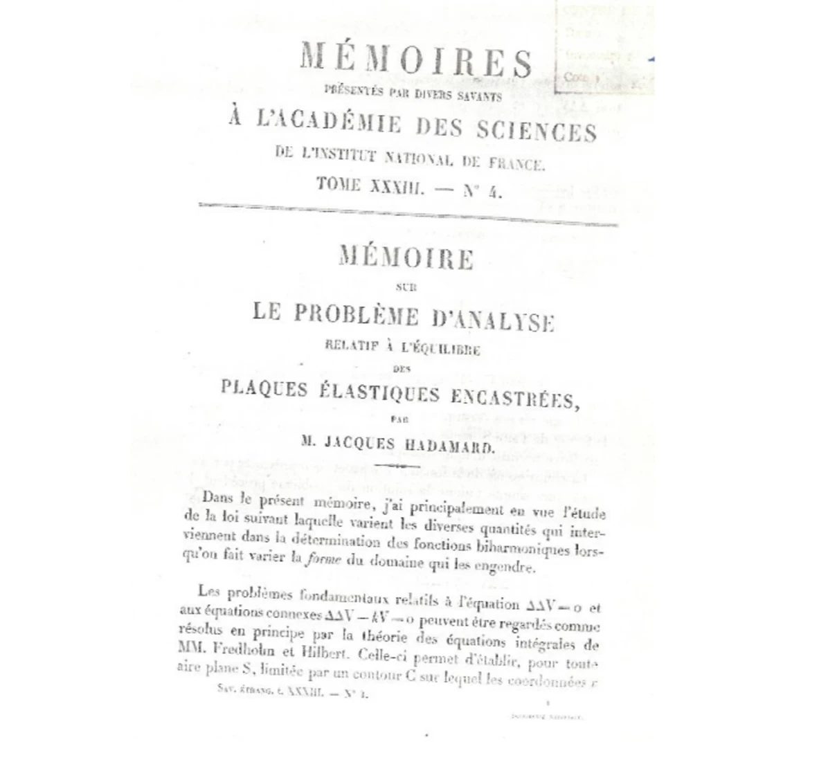 A photograph of the memoir presented by Hadamard in 1908. From [1].